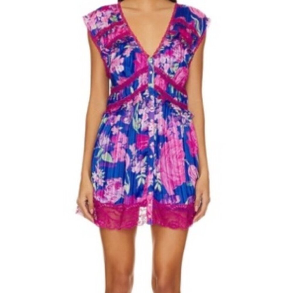 Free People Spring Fling Mini violet dress blue pink purple lace button down